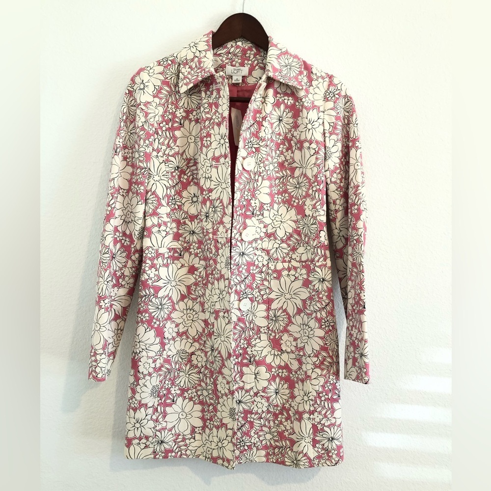 LOFT Cotton Trench Coat Preppy Floral Size 0